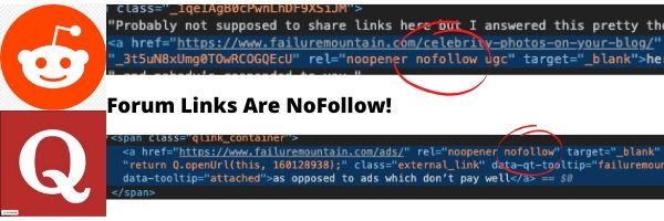 reddit and quora are nofollow links