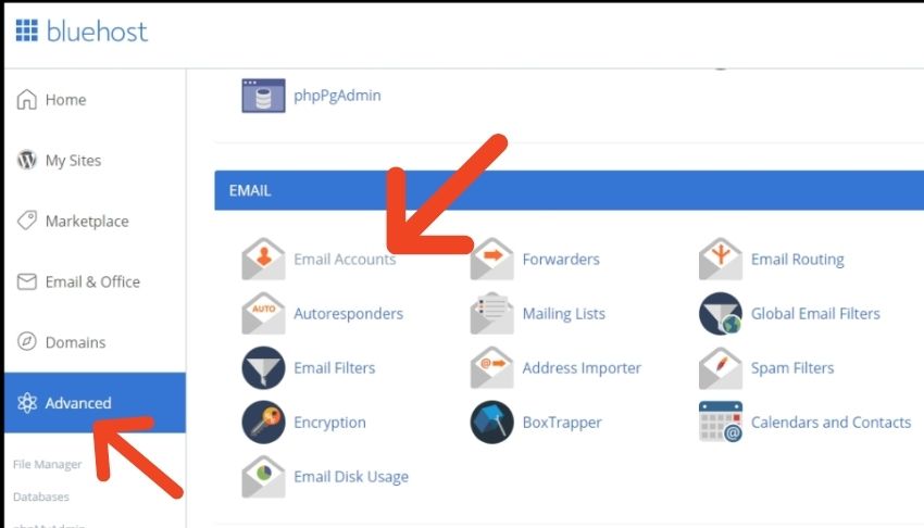 Bluehost setup email accounts