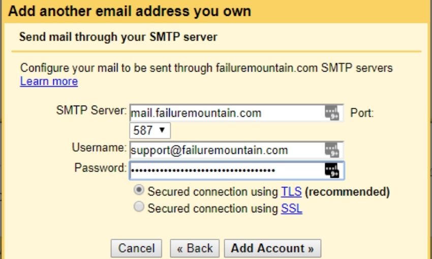 gmail add email address server info