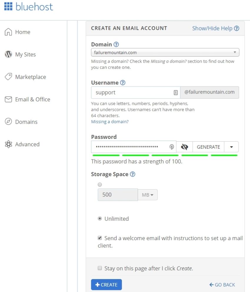 Bluehost create a new email account page 1